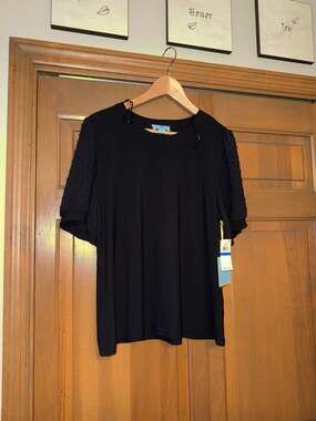 CeCe Women's NWT Short Sheer Clip Dot Puff Sleeve Mixed Media Top XL